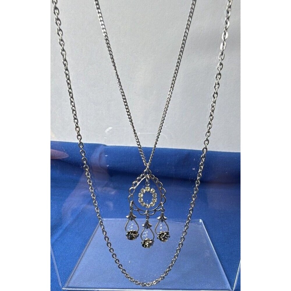 Silver Layered Double Chain Rhinestone Roses Victorian Romantic Necklace 17" - Picture 8 of 10